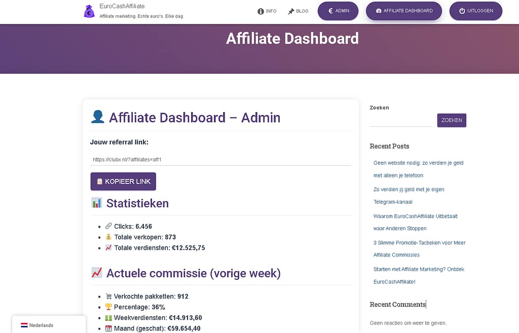 Verdien Hoge Commissies met Jouw Verkeer – affiliate dashboard met omzet in €